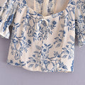 Lemon Printing Lace up Puff Sleeve Short Top