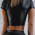 Stylish Black PU Crew Neck Crop Top