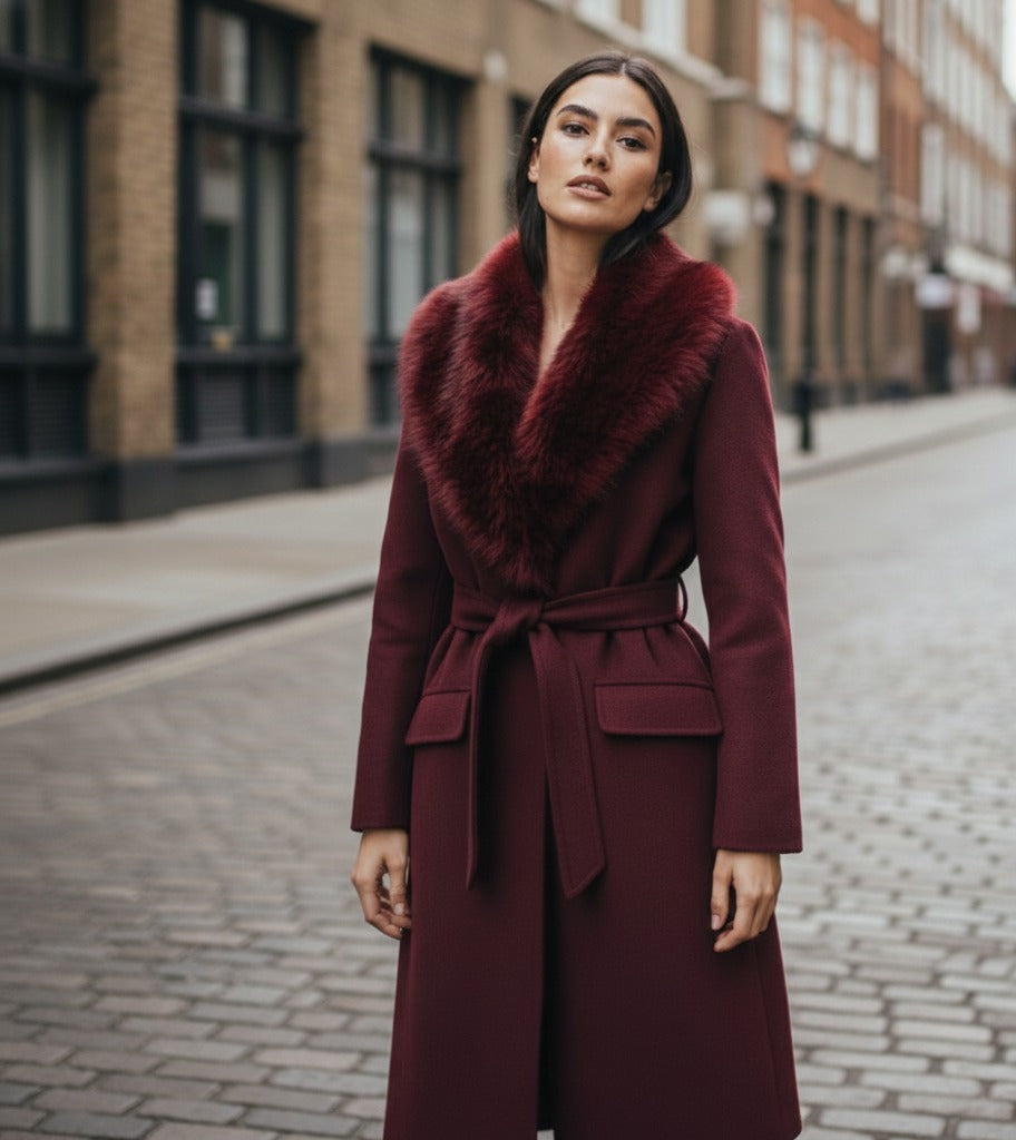 Burgundy Fur Collar Coat