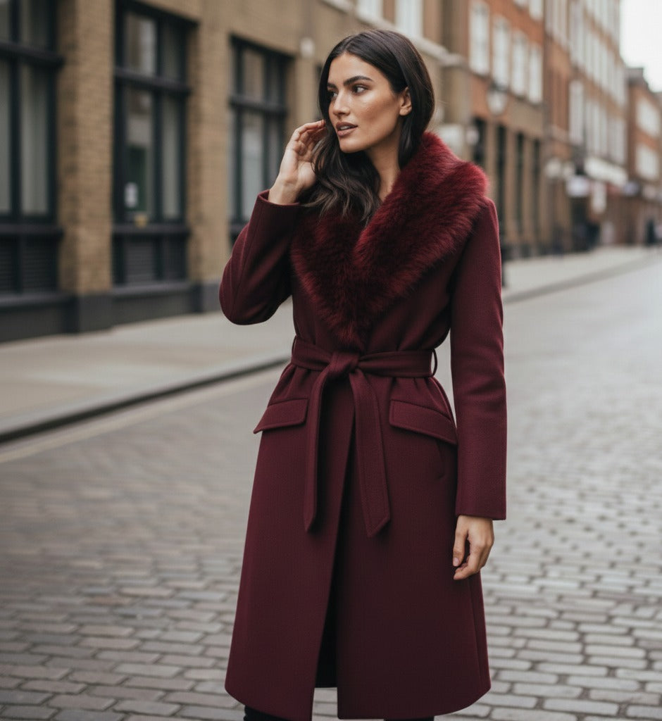 Burgundy Fur Collar Coat