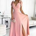 17204-1-405-3 ELENA Long dress with a neckline and ties on the shoulders - dirty pink-1