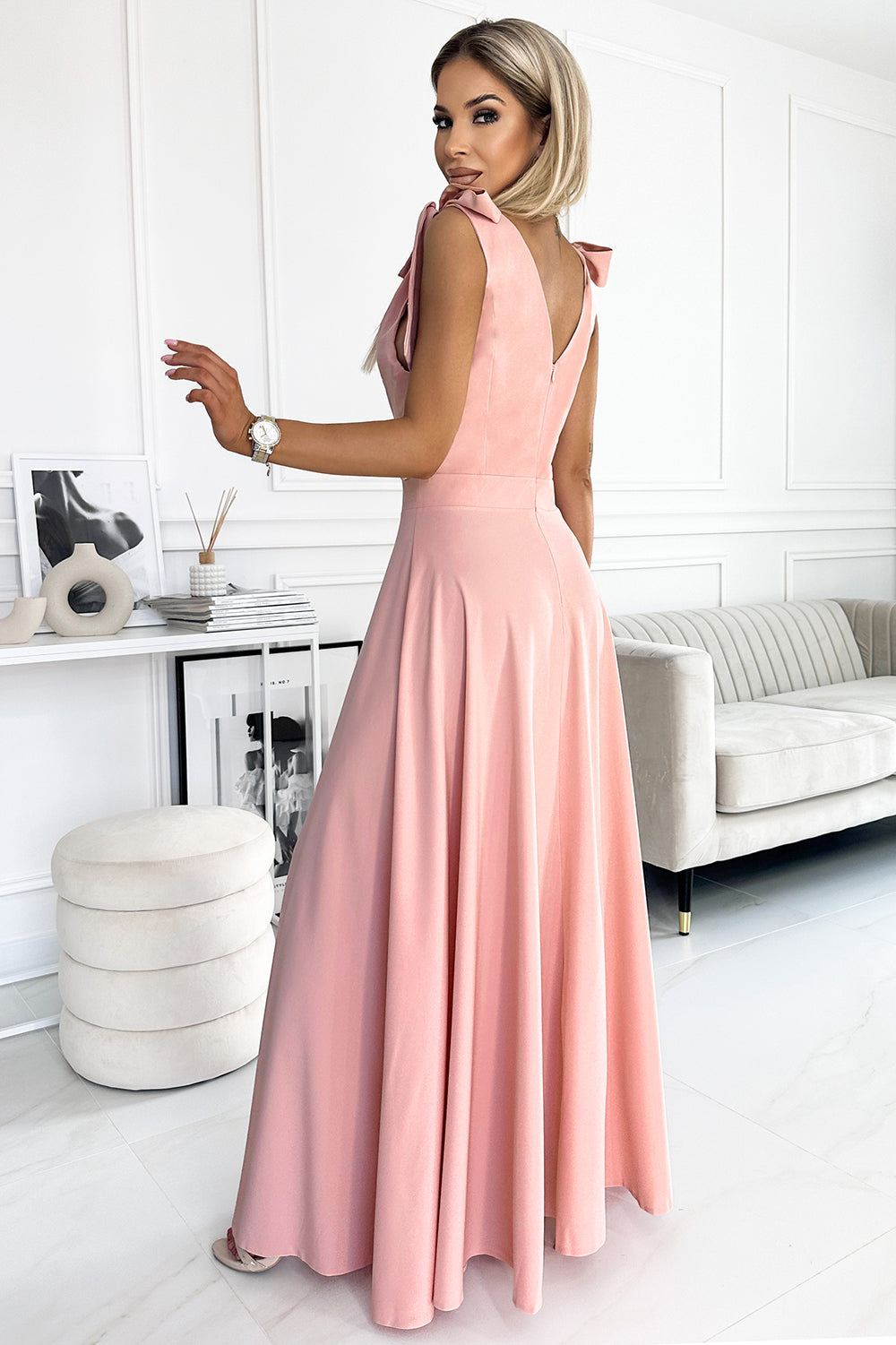17204-3-405-3 ELENA Long dress with a neckline and ties on the shoulders - dirty pink-3