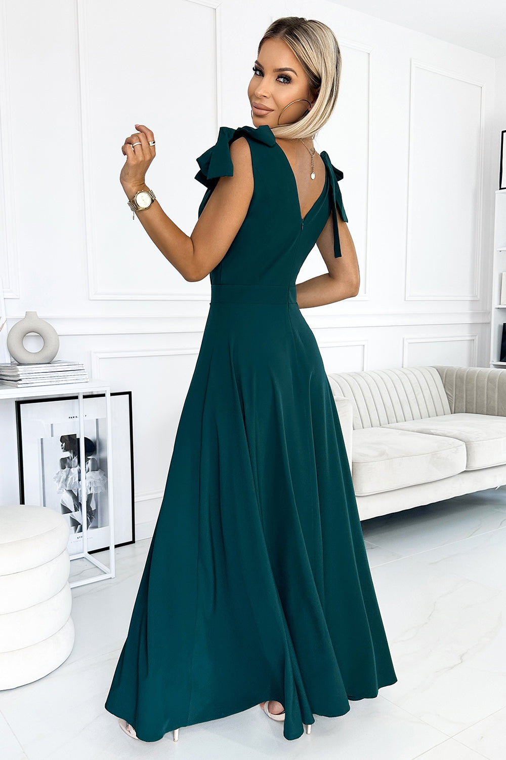 18189-3-405-4 ELENA Long dress with a neckline and ties on the shoulders - GREEN-3