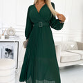 17492-1-414-1 KLARA pleated dress with a belt and a neckline - bottle green-1