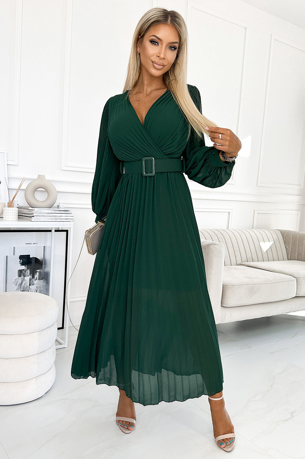 17492-1-414-1 KLARA pleated dress with a belt and a neckline - bottle green-1