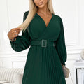 17492-5-414-1 KLARA pleated dress with a belt and a neckline - bottle green-5