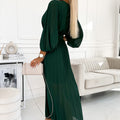 17492-2-414-1 KLARA pleated dress with a belt and a neckline - bottle green-2
