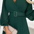 17492-6-414-1 KLARA pleated dress with a belt and a neckline - bottle green-6