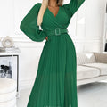 17494-1-414-3 KLARA pleated dress with a belt and a neckline - green-1