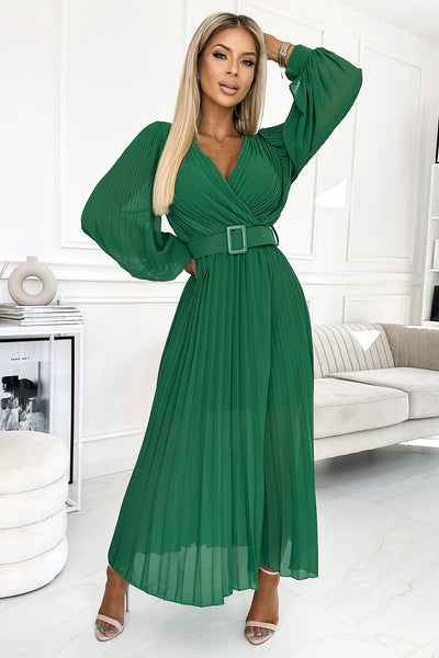 17494-1-414-3 KLARA pleated dress with a belt and a neckline - green-1