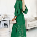 17494-2-414-3 KLARA pleated dress with a belt and a neckline - green-2
