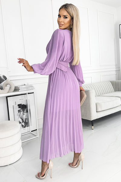 17536-2-414-6 KLARA pleated dress with a belt and a neckline - lilac color-2