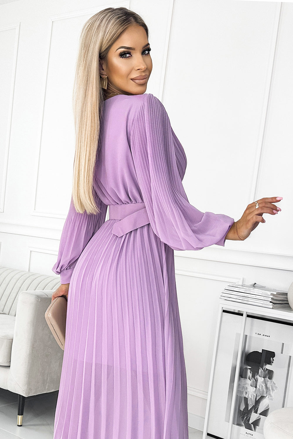 17536-4-414-6 KLARA pleated dress with a belt and a neckline - lilac color-4