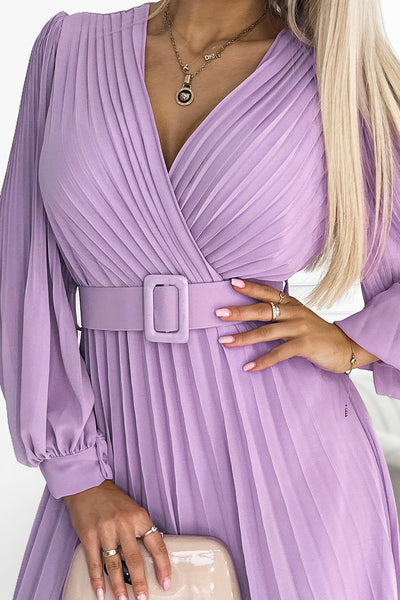 17536-6-414-6 KLARA pleated dress with a belt and a neckline - lilac color-6