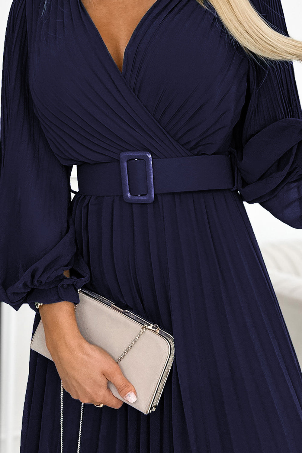 17603-6-414-7 KLARA pleated dress with a belt and a neckline - navy blue-6