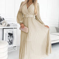 17783-1-414-8 KLARA pleated dress with a belt and a neckline - beige-1