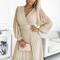 17783-2-414-8 KLARA pleated dress with a belt and a neckline - beige-2