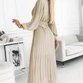 17783-3-414-8 KLARA pleated dress with a belt and a neckline - beige-3
