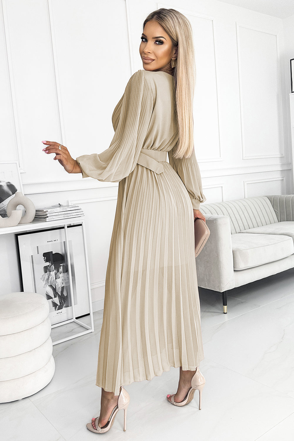 17783-3-414-8 KLARA pleated dress with a belt and a neckline - beige-3