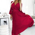 18104-1-414-9 KLARA pleated dress with a belt and a neckline - Burgundy color-1