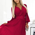 18104-4-414-9 KLARA pleated dress with a belt and a neckline - Burgundy color-4