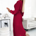 18104-3-414-9 KLARA pleated dress with a belt and a neckline - Burgundy color-3