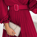 18104-6-414-9 KLARA pleated dress with a belt and a neckline - Burgundy color-6