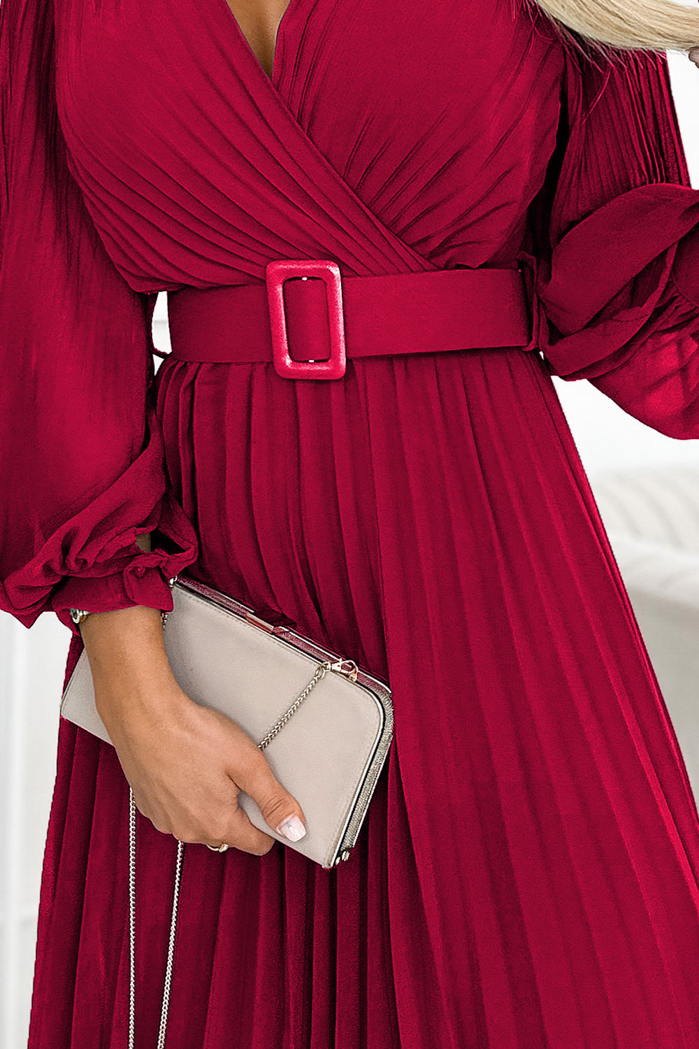 18104-6-414-9 KLARA pleated dress with a belt and a neckline - Burgundy color-6