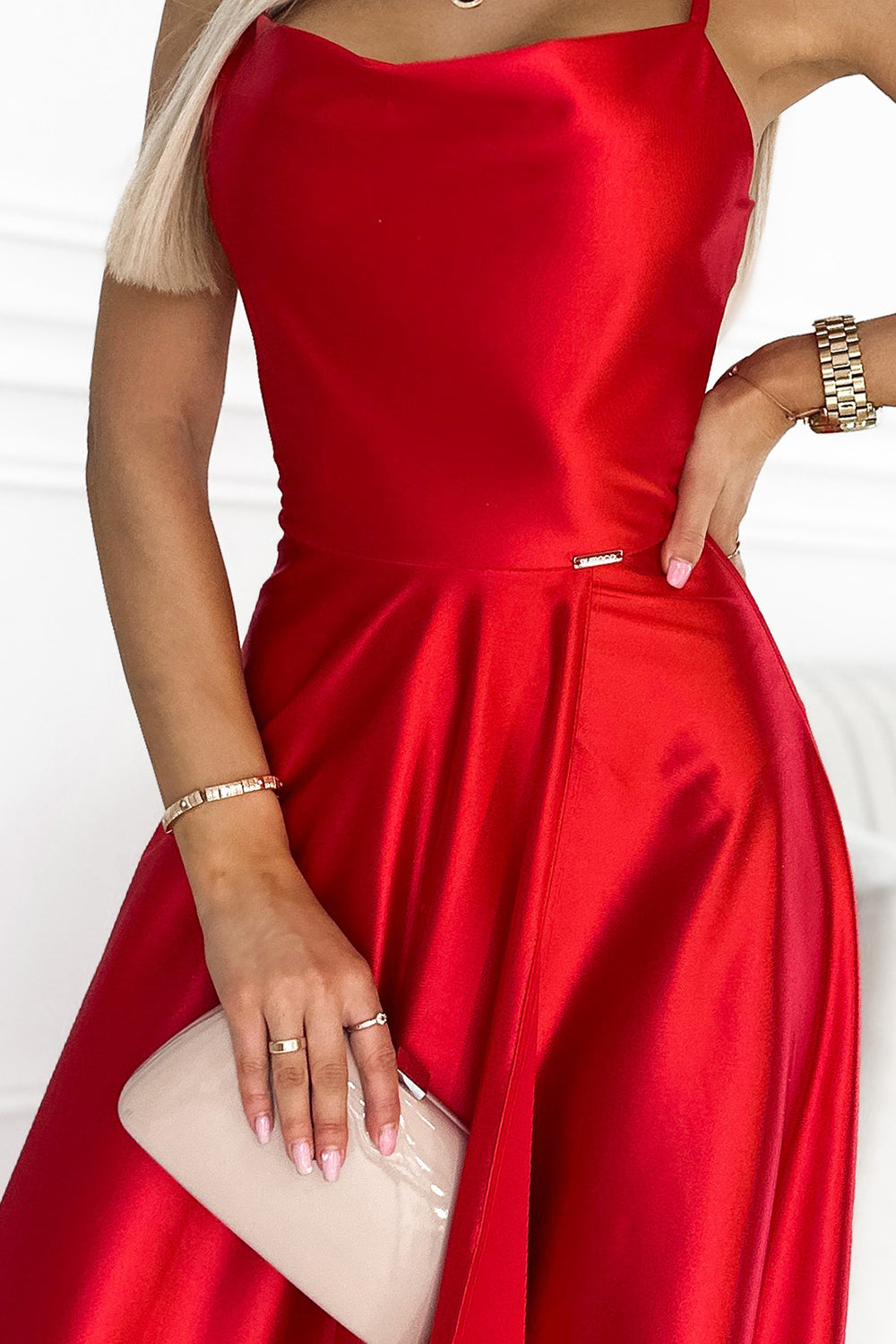 17463-6-419-1 PERLA satin long dress with a neckline on the back - red-6