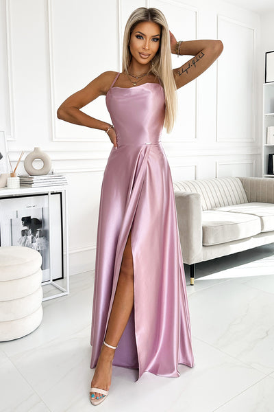 17515-1-419-3 PERLA satin long dress with a neckline on the back - dirty pink-1