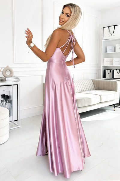 17515-3-419-3 PERLA satin long dress with a neckline on the back - dirty pink-3
