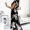 17674-3-434-2 LISA Pleated midi dress with a neckline and frills - spring flowers on a black background-3