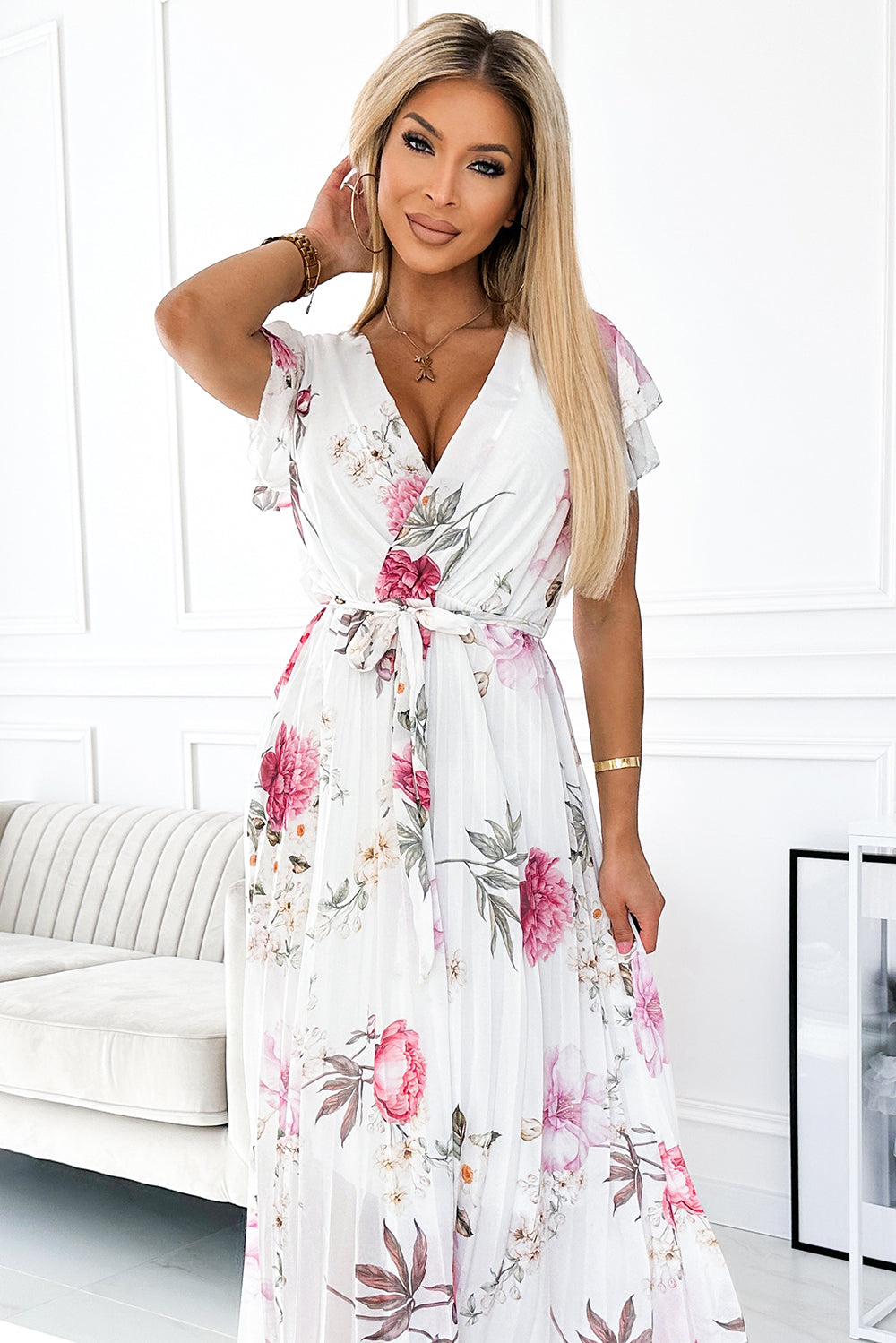 17678-4-434-6 LISA Pleated midi dress with a neckline and frills - spring flowers on a white background-4