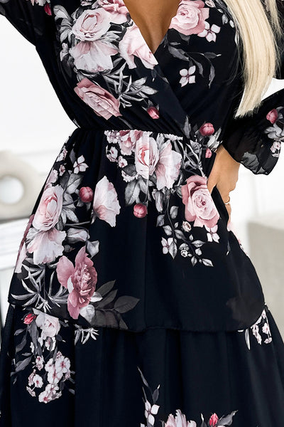 17710-6-435-1 MARTINA Midi dress with a neckline and three frills - roses on a black background-6