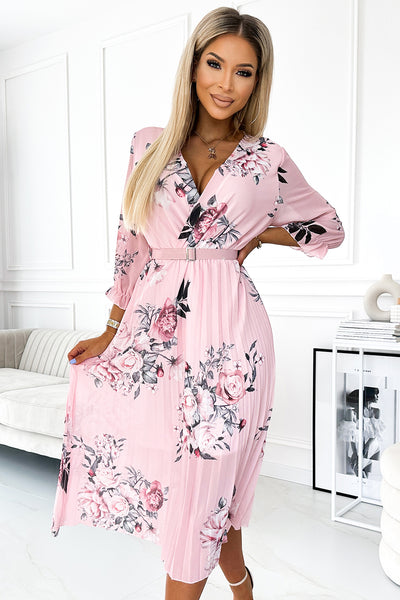 17980-1-448-1 YUNA Pleated midi dress with a neckline and a belt - roses on a pastel pink background-1
