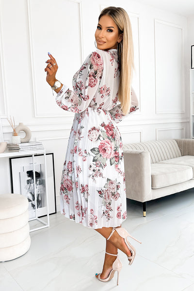 17871-4-449-1 CARLA Pleated midi dress with buttons and long sleeves - roses on a white background-4