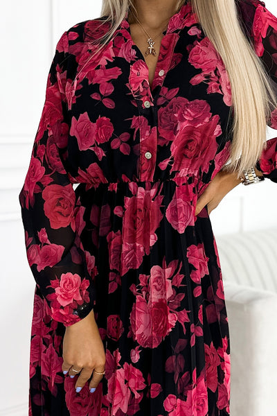 17875-6-449-2 CARLA Pleated midi dress with buttons and long sleeves - black with red roses-6