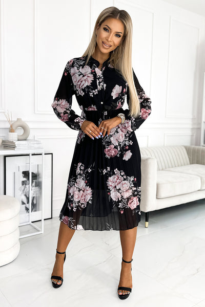 17874-4-449-3 CARLA Pleated midi dress with buttons and long sleeves - roses on a black background-4