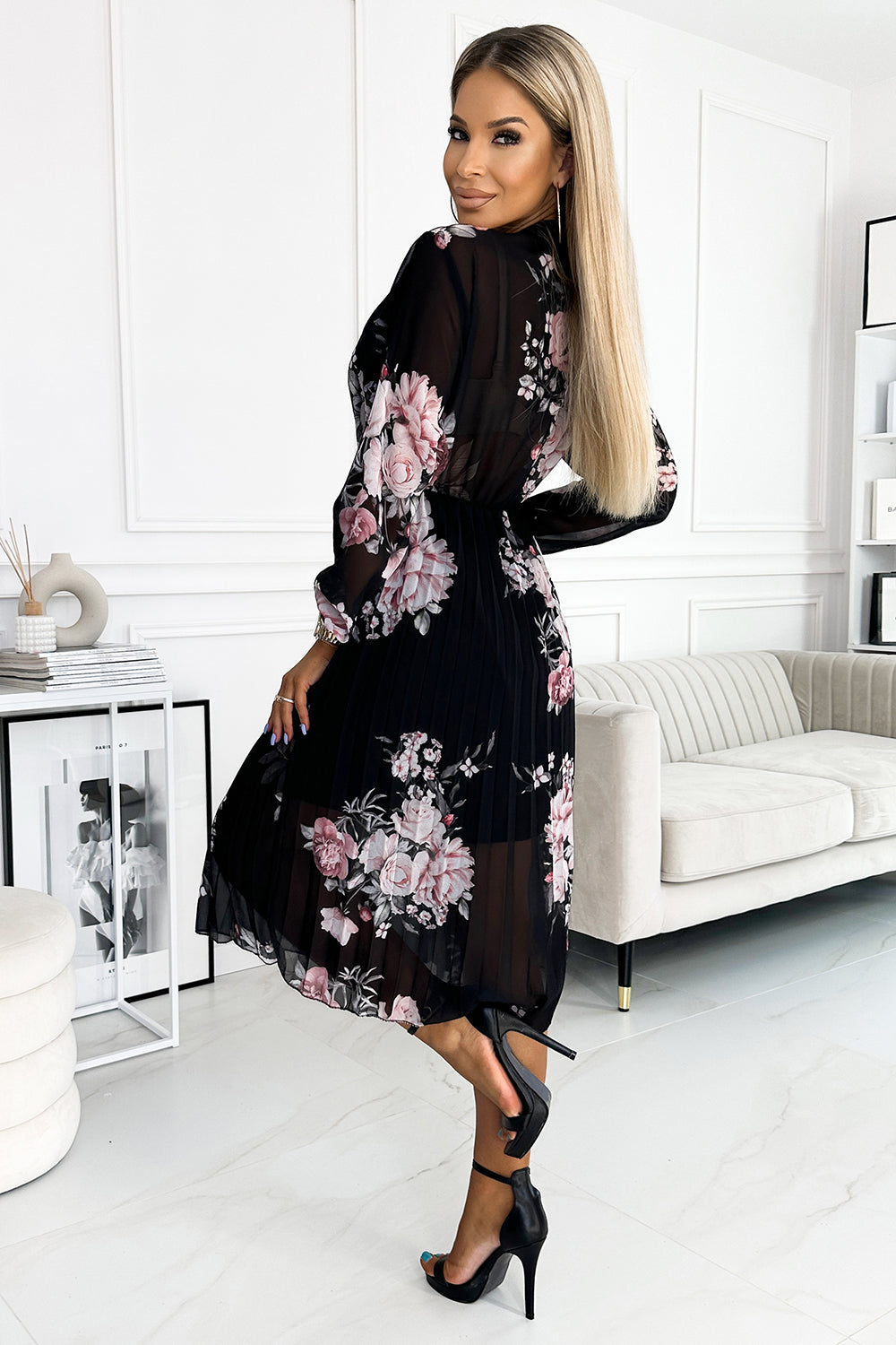 17874-2-449-3 CARLA Pleated midi dress with buttons and long sleeves - roses on a black background-2