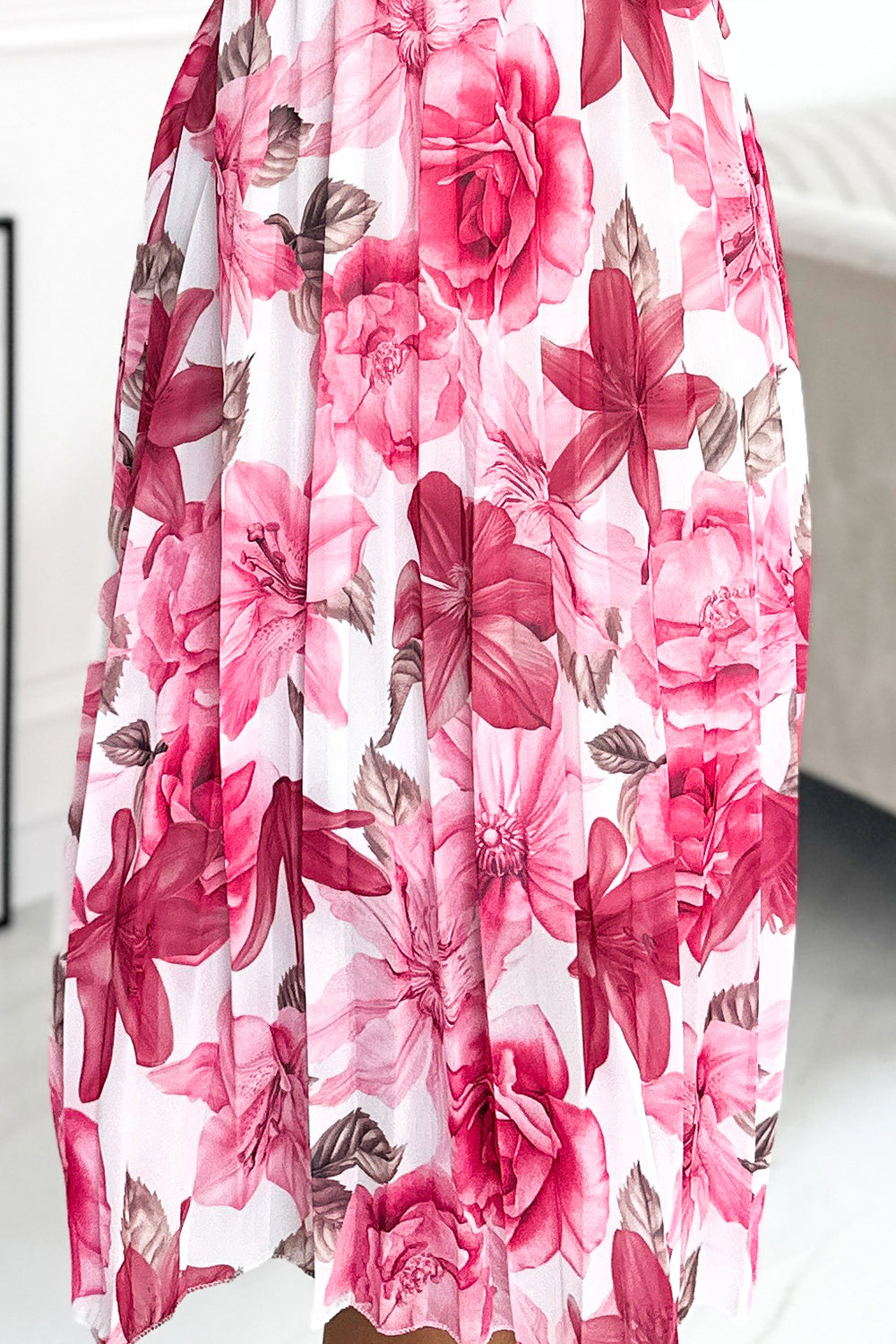 17873-6-449-5 CARLA Pleated midi dress with buttons and long sleeves - dark pink flowers on a white background-6