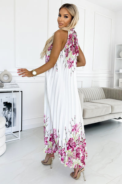 18108-3-456-2 ESTER Pleated satin maxi dress - white with pink flowers-3