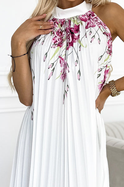 18108-6-456-2 ESTER Pleated satin maxi dress - white with pink flowers-6
