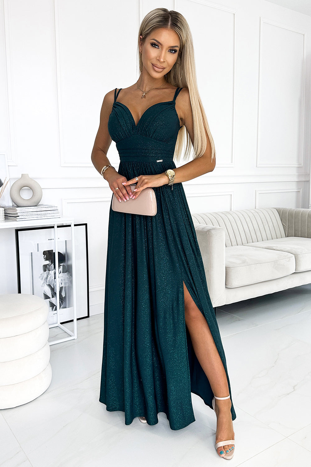 18083-1-460-1 JOVITE brocade long dress on straps with a slit to the leg - green-1