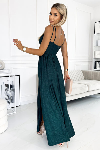 18083-2-460-1 JOVITE brocade long dress on straps with a slit to the leg - green-2