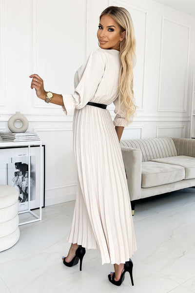 18110-2-462-1 SERENA Pleated maxi dress with a neckline, belt and 3/4 sleeves - beige-2