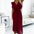 18241-2-469-1 Pleated dress with frills, neckline and belt - burgundy-2