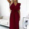 18241-4-469-1 Pleated dress with frills, neckline and belt - burgundy-4