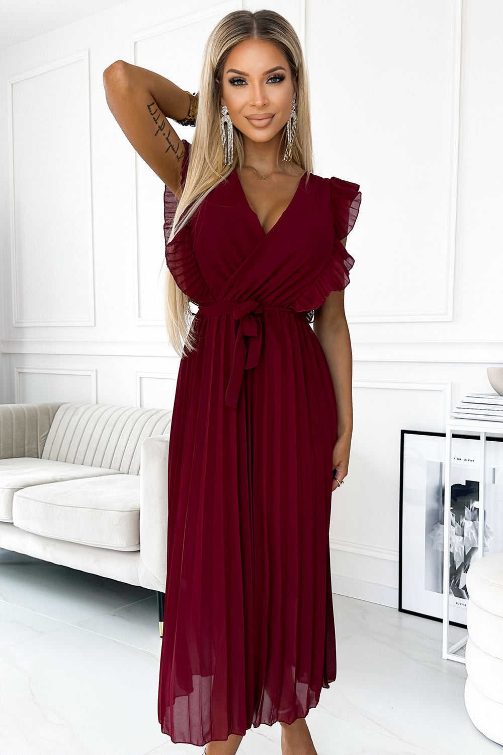 18241-4-469-1 Pleated dress with frills, neckline and belt - burgundy-4