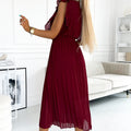 18241-3-469-1 Pleated dress with frills, neckline and belt - burgundy-3