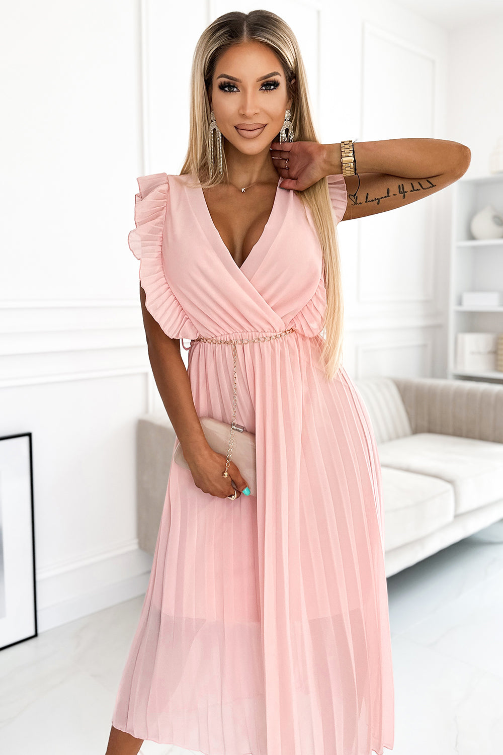 18215-2-470-1 GIORGIA Pleated dress with frills, neckline and gold chain - peach-2
